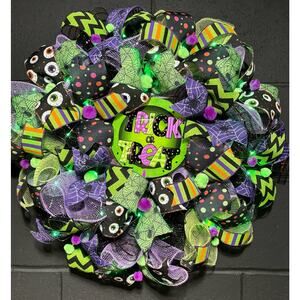 Pre Lit Halloween Wreath Purple Green Light Up 24 Inch Handmade Deco Mesh